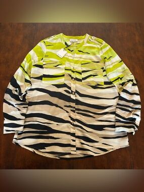 Calvin Klein Lime Green, Black & Tan Zebra Stripe Button-Up Top